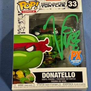 May include: A Funko Pop! Comics figure of Donatello from Teenage Mutant Ninja Turtles. The figure is green with a red mask and is in a clear plastic display box. The box has the Nickelodeon and PX Previews Exclusive logos.