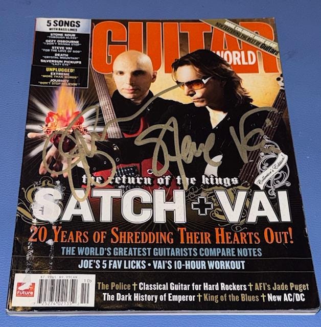 Joe Satriani & Steve Vai Hand Signed Autographed Guitar World