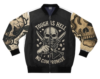 Chaqueta bomber Tough As Hell con calavera y cuchillos cruzados / Flechas ensangrentadas en la espalda