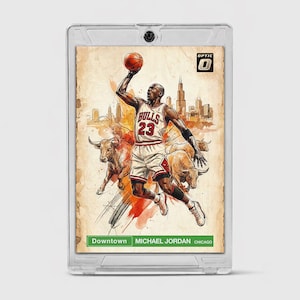 以下が含まれることがあります： 保護ケースに入ったマイケル・ジョーダンのバスケットボールカード。カードには、ブルズのユニフォームを着てバスケットボールを手にジャンプするジョーダンのイラストが描かれています。背景には街並みと雄牛が描かれています。カードのテキストは「Downtown」と「Chicago」です。