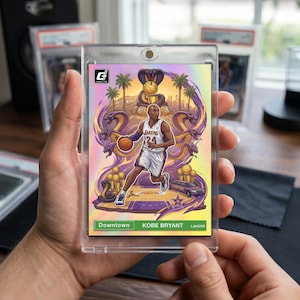 May include: A basketball trading card featuring Kobe Bryant in a Lakers uniform, with a vibrant illustration of purple snakes, palm trees, and a basketball. The card is encased in a clear protective holder, with the words "Downtown", "Kobe Bryant", and "Lakers" visible.