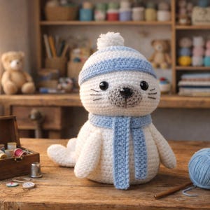 May include: A handmade crochet seal plushie wearing a blue and white striped hat and scarf. The seal has black eyes and a gray nose. A ball of blue yarn and a wooden box with sewing supplies are on the wooden table. The plushie is approximately 10 inches tall.