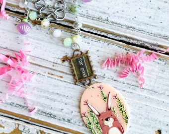 Handmade Spring Necklace whimsical bunny rabbit, mint green & lavender purple / Jewelry / Fun , drop / Boho Style / Trendy