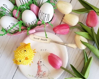 Bunny Treats Hand Stamped Butter Knife /  Easter spring gift / Garden stake Fairy Gardens stake vintage/ coffee bar, decor, tiered tray