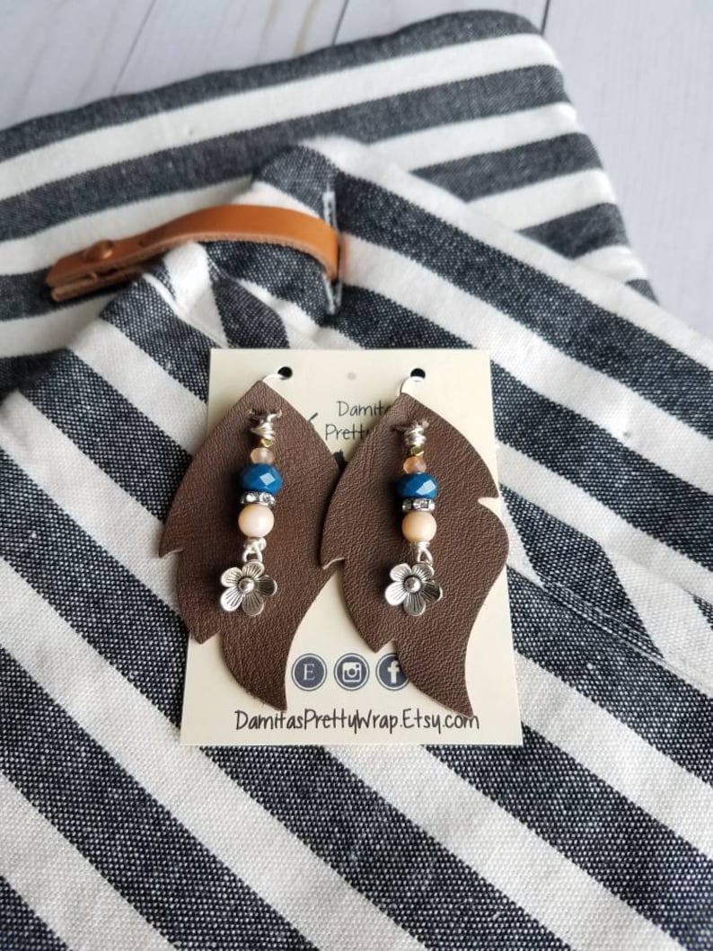 light weight feather Handmade chocolate brown Leather Earrings with beaded dangle Jewelry Fun Tear drop Boho Style Trendy