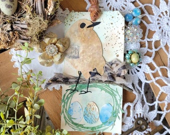 Bird Tag / Spring Easter / Hello / birthday / junk journal / scrapbook / Ephemera /gift basket