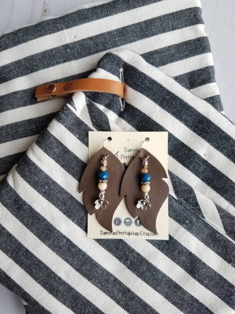 light weight feather Handmade chocolate brown Leather Earrings with beaded dangle Jewelry Fun Tear drop Boho Style Trendy