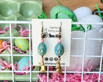 Handmade Spring Earrings bunny, rabbit, blue teal egg with gold / Jewelry / Fun , drop / Boho Style / Trendy