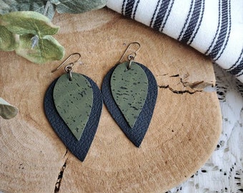 Handmade Black and green Leather and Cork Earrings / Jewelry / Fun / Tear drop / Boho Style / Trendy, light weight, feather