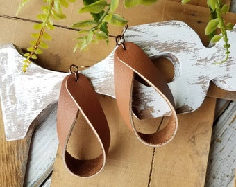 Handmade Leather Loop Earrings Saddle Brown / Large Earrings / Jewelry / Fun / drop / Boho Style / Trendy, light weight,