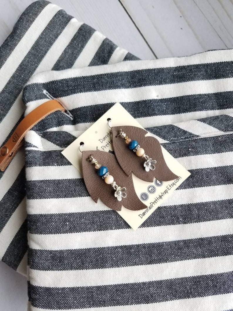 light weight feather Handmade chocolate brown Leather Earrings with beaded dangle Jewelry Fun Tear drop Boho Style Trendy
