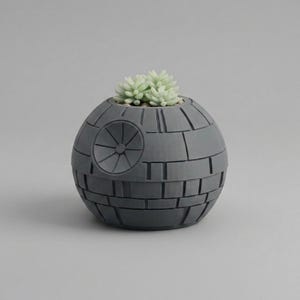May include: A gray, spherical planter shaped like the Death Star from Star Wars, with a light green succulent plant inside. The planter has a detailed surface with paneling and a circular design.