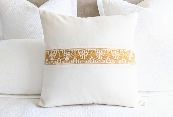 In Stock: 1 Otomí Throw Pillow Cover Hand Embroidered Stripe Luxury Wool Decorative in Yellow and Natural Color  22 x 22
