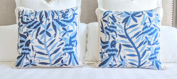 Made-to-Order / Custom Made: 2 Otomi Throw Pillow Covers Hand Embroidery Decorative Mexican Fabric in Pastel and Sapphire Blue