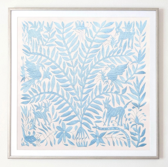 Made to Order. Unframed Otomi Tree of Life Wall Art Hand Embroidered Tapestry Mexican Textile in Pastel Blue.