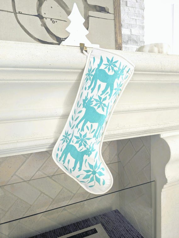 Otomi Christmas Stocking Hand Embroidered - Bermuda Green Mexican Textile