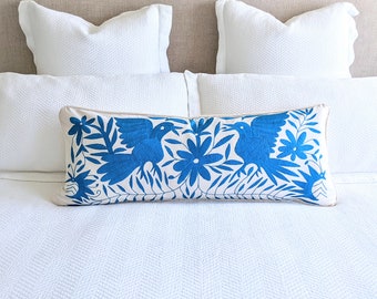 Made-to-Order / Custom Made: Otomí Lumbar Throw Pillow Cover Hand Embroidery Decorative Mexican Fabric in Cobalt Celestial Blue