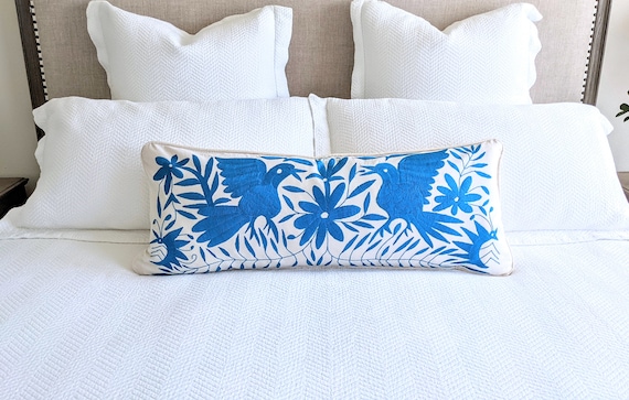 Made-to-Order / Custom Made: Otomí Lumbar Throw Pillow Cover Hand Embroidery Decorative Mexican Fabric in Cobalt Celestial Blue