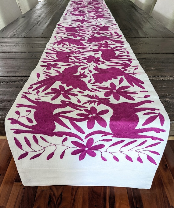 Made-to-Order / Custom Made: Otomí Table Runner Embroidered Mexican Textile Fabric in Magenta