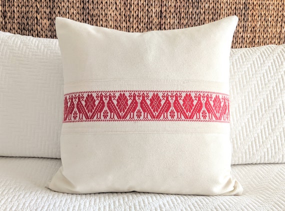 In Stock: 1 Otomi Stripe with Luxury Wool Christmas Hand Embroidered Throw Pillow Cover Decorative in Natural Color 22 x 22