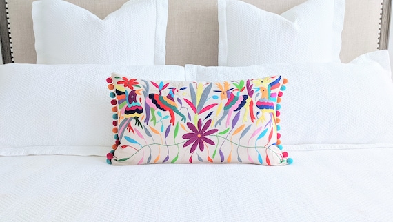 Made-to-Order / Custom Made: Otomi Throw Pillow Cover Hand Embroidery Pom Pom Decorative Mexican Fabric in Multicolor