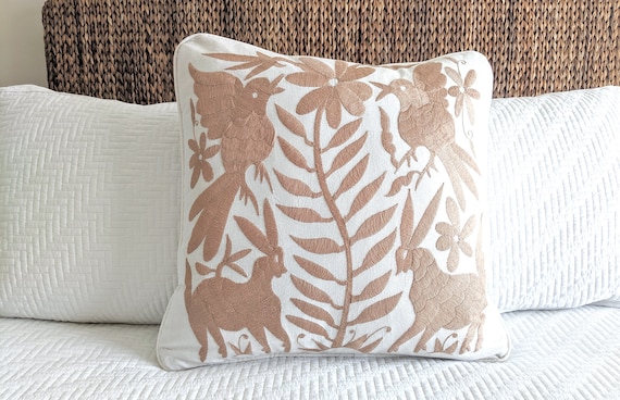Made-to-Order / Custom Made: Otomi Throw Pillow Cover Hand Embroidery Decorative Mexican Fabric in Camel Color