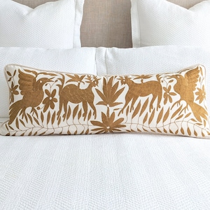 Made to Order. Otomí Long Lumbar Throw Pillow Cover Hand Embroidered Mexican Fabric in Gold Ocher