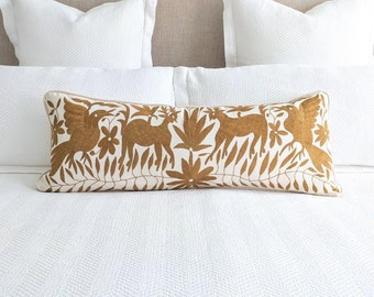 Made-to-Order / Custom Made: Otomí Long Lumbar Throw Pillow Cover Hand Embroidery Decorative Mexican Fabric in Gold Ocher