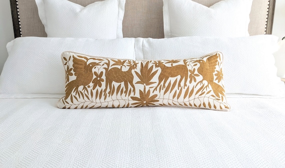 Made to Order. Otomí Long Lumbar Throw Pillow Cover Hand Embroidered Mexican Fabric in Gold Ocher