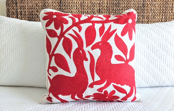 Made-to-Order / Custom Made: Otomi Throw Pillow Cover Hand Embroidery Decorative Mexican Textile Fabric in Red