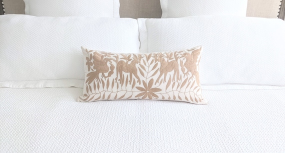 Custom Otomi Lumbar Pillow Cover Hand Embroidered - Camel Sand Textile