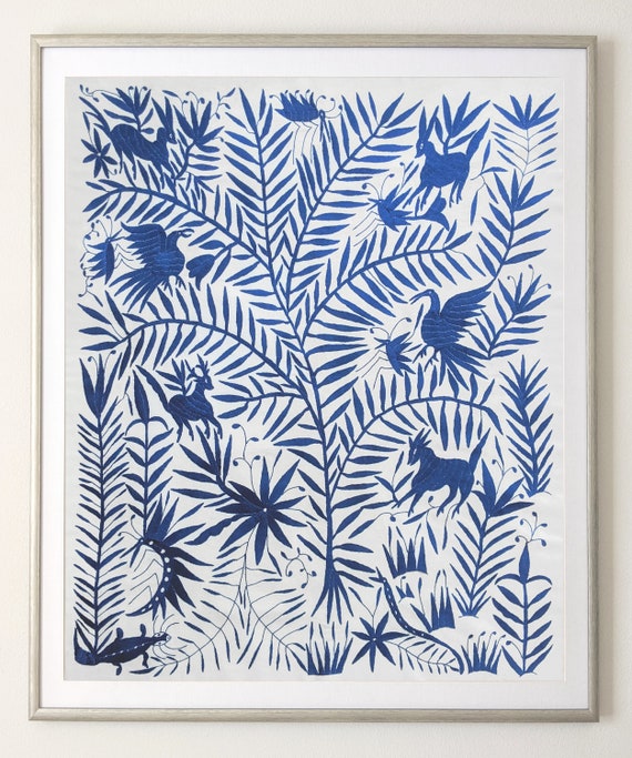 Made to Order. Unframed Otomi Tree of Life Wall Art Hand Embroidered Tapestry Mexican Textile in Sapphire Blue.