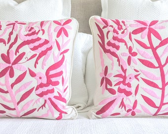 Made-to-Order / Custom Made: Otomi Throw Pillow Covers Hand Embroidery Decorative Mexican Fabric in Pink & Fuschia