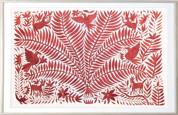 Made to Order. Unframed Otomi Tree of Life Wall Art Hand Embroidered Tapestry Mexican Textile in Burnt Orange.