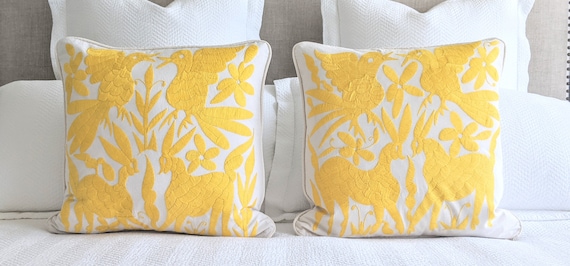 Made to Order. Two Otomi Throw Pillow Covers Hand Embroidered Mexican Fabric in Vibrant Yellow