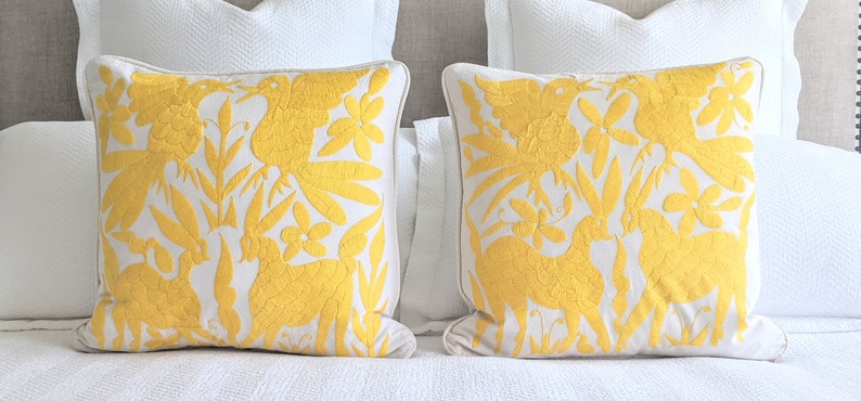 Made-to-Order / Custom Made: 2 Otomí Throw Pillow Covers Hand Embroidery Decorative Mexican Fabric in Vibrant Yellow image 1