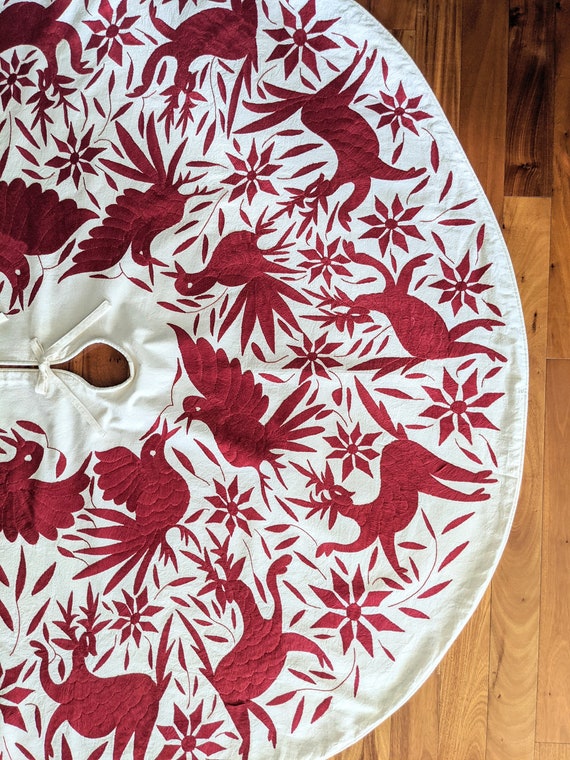 Made-to-Order / Custom Made: Otomí Christmas Tree Skirt Hand Embroidered Decorations Mexican Textile in Burgundy / Dark Red
