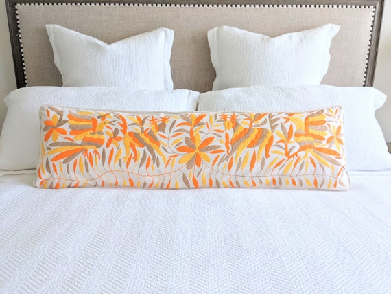 Made-to-Order / Custom Made: Otomí Extra Long Lumbar Throw Pillow Cover Hand Embroidery Decorative Mexican Textile in Camel Orange Yellow