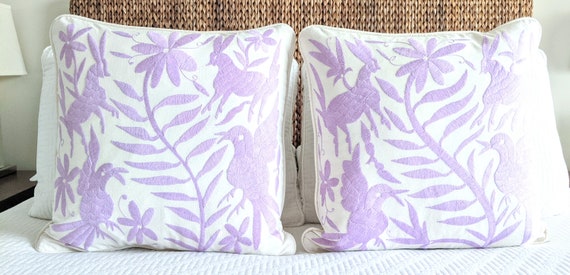 Made-to-order / Custom Made: 2 Otomí Throw Pillow Covers Hand Embroidery Decorative Mexican Fabric in Lavender Lilac
