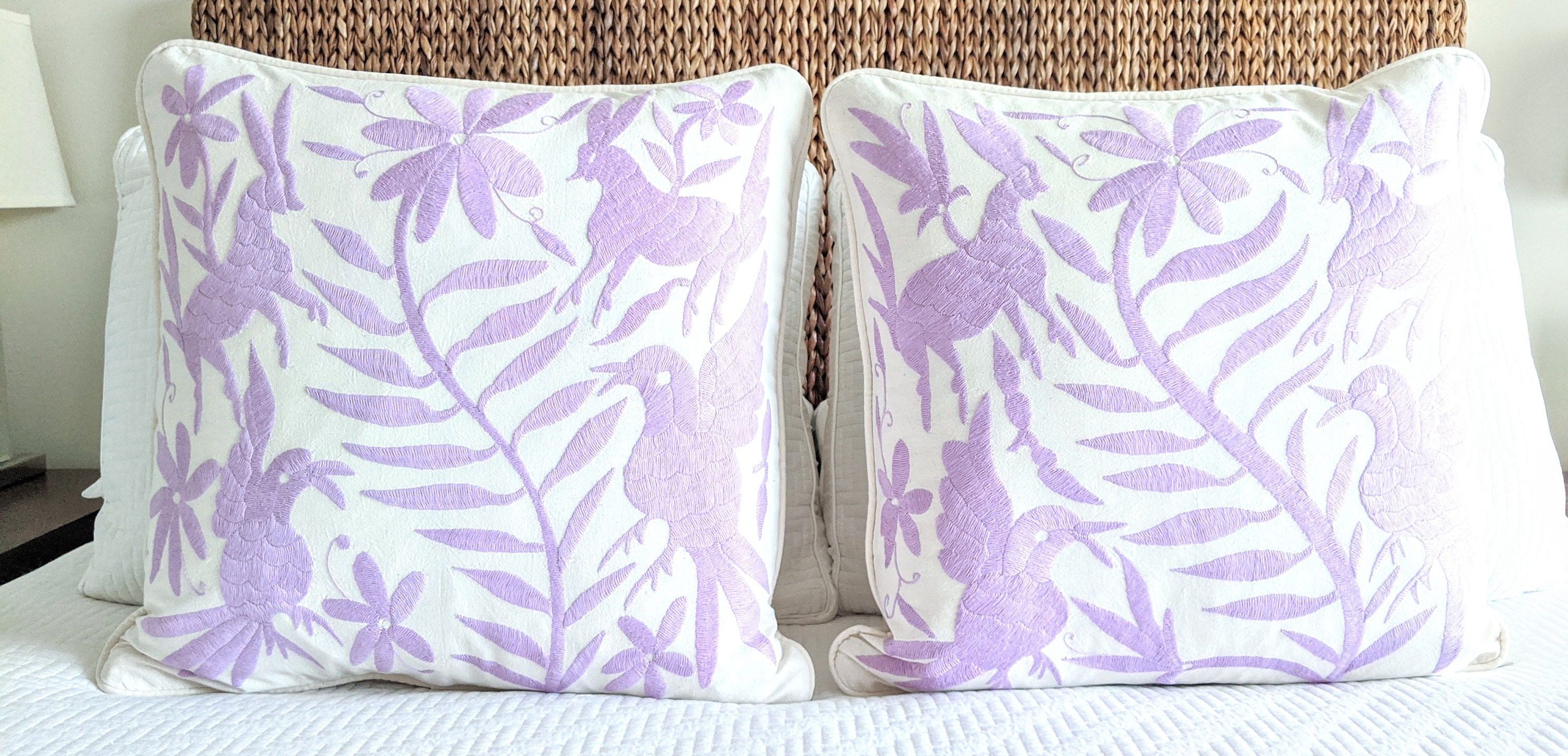 Made to order Custom Made 2 Otomi Throw Pillow Covers Hand Embroidery Decorative Mexican Fabric in Lavender Lilac