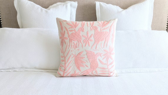 Made-to-Order / Custom Made: Otomi Throw Pillow Cover Hand Embroidered Decorative Mexican Textile in Pastel Pink Peach