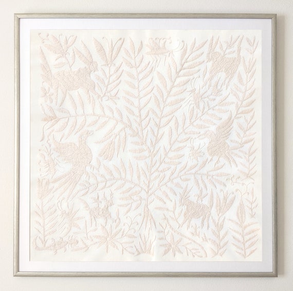 Made to Order. Unframed Otomi Tree of Life Wall Art Hand Embroidered Tapestry Mexican Textile in Ivory Light Beige.