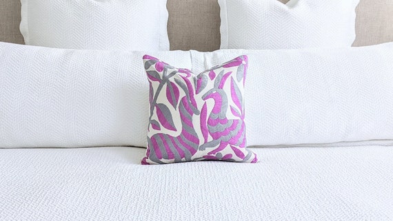 Made-to-Order / Custom Made: Otomi Throw Pillow Cover Hand Embroidered Decorative Mexican Textile in Super Pink and Gray