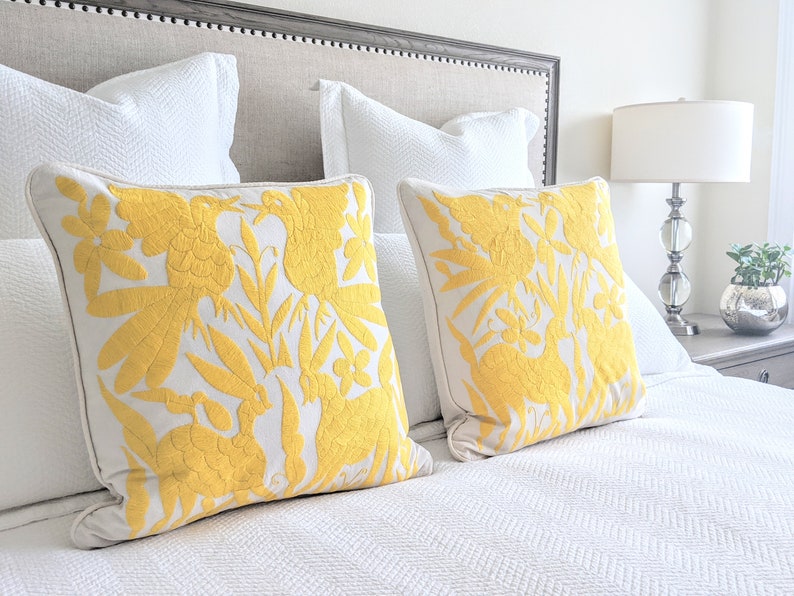 Made-to-Order / Custom Made: 2 Otomí Throw Pillow Covers Hand Embroidery Decorative Mexican Fabric in Vibrant Yellow image 2