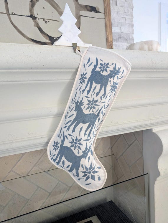 Otomi Christmas Stocking Hand Embroidered - Blue Gray Mexican Textile