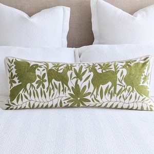 Made-to-Order / Custom Made: Otomí Extra Long Lumbar Throw Pillow Cover Hand Embroidery Decorative Mexican Textile in Spinach Green