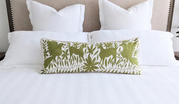 Made-to-Order / Custom Made: Otomí Extra Long Lumbar Throw Pillow Cover Hand Embroidery Decorative Mexican Textile in Spinach Green