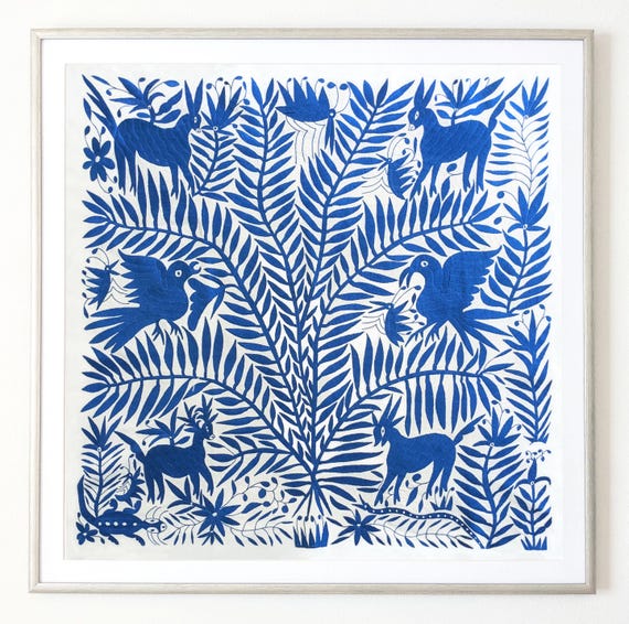 Made to Order. Unframed Otomi Tree of Life Wall Art Hand Embroidered Tapestry Mexican Textile in Sapphire Blue.