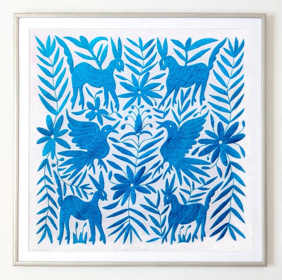 Made to Order. Unframed Otomi Wall Art Hand Embroidered Tapestry Mexican Textile in Celestial Blue