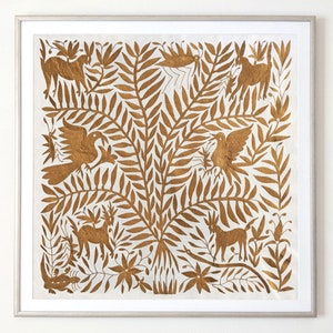 Custom Otomi Hand Embroidered Tapestry - Amber Gold Mexican Art (Unframed)